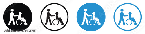 Circular icons featuring a person being pushed in a wheelchair. Black and blue variants showing a caregiver and patient. Icons for nursing homes, hospitals, and assisted living signage.