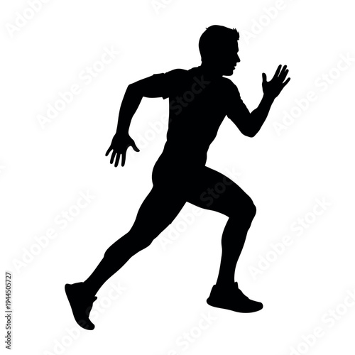 A dynamic black silhouette of a man in full motion, captured in a powerful running or sprinting pose