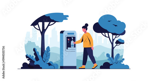 Modern vector illustration of person using reusable water bottle in park promoting plastic reduction and eco friendly lifestyle