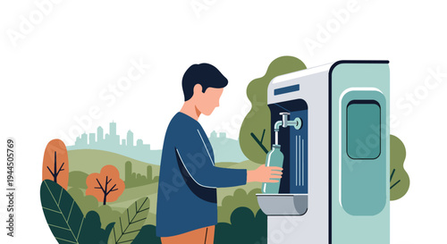 Modern vector illustration of person using reusable water bottle in park promoting plastic reduction and eco friendly lifestyle