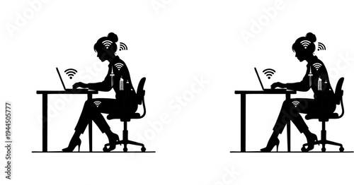 Professional vector illustration featuring silhouettes of people working on laptops with Wi-Fi signals, symbolizing remote work, digital connectivity, and modern office branding.