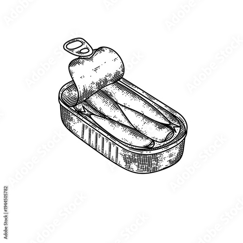 hand drawn open canned sardines line art vector illustration