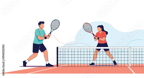Male and female athletes playing a tennis match on a professional clay court with rackets and a net in a vector style.