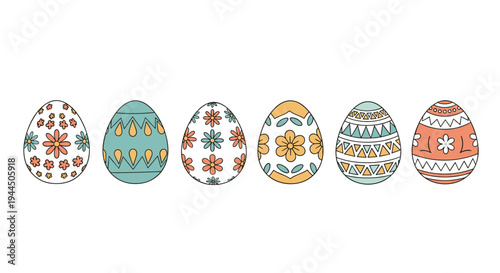 Collection of six beautifully decorated Easter eggs with colorful floral and geometric patterns on a white background.