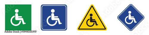Universal wheelchair symbol icons in various geometric shapes including square, triangle, and diamond. Colorful green, blue, and yellow signs for accessibility and hazard warning.