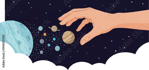A giant human hand reaching out to touch small planets in a starry space with white clouds.