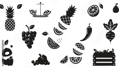 A set of fruit and vegetable icons in black silhouette style