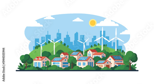 Modern vector illustration of eco friendly neighborhood with solar roofs and wind turbines promoting renewable energy community