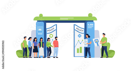 Policy Access & Understanding: People gather at an open 'POLICY' gate, where professionals explain regulations, benefits, and new guidelines. Corporate and public sector compliance.
