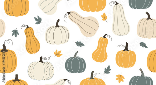 Seamless autumn pattern with various types of pumpkins and squash with seasonal fall leaves on a clean white background.
