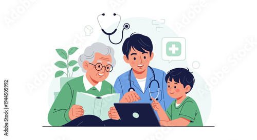 Doctor, Elderly Woman, and Child Discuss Digital Health on Laptop: Intergenerational Healthcare Consultation & Education