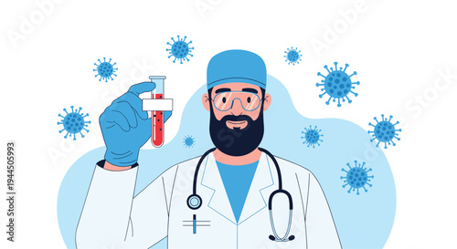 Professional male doctor wearing a mask and protective gear holding a test tube with a blood sample for analysis.