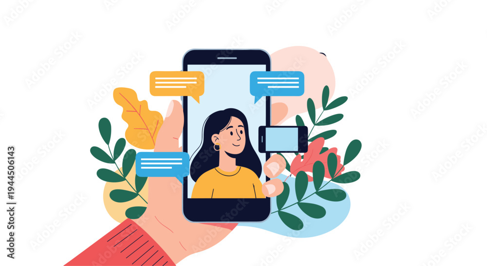 Fototapeta premium Hand holding a smartphone with a young woman on a video call screen surrounded by colorful speech bubbles and leaves.