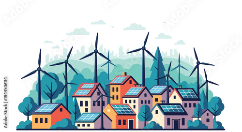 Modern vector illustration of eco friendly neighborhood with solar roofs and wind turbines promoting renewable energy community