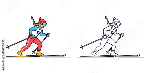 Female Biathlon Athlete Skiing with Rifle Color and Line Art Vector Illustration