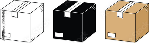 Cardboard box silhouette, packaging design icon, shipping container illustration, logistics symbol, storage carton graphic, black white brown box variation