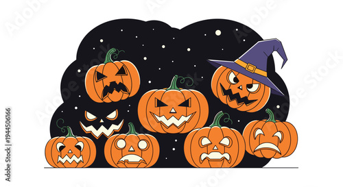 Group of spooky and funny carved Halloween pumpkins with various expressions against a dark starry night sky.