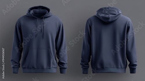 Navy Blue Hoodie Sweatshirt Front and Back Views on Gray Background for Fashion Design