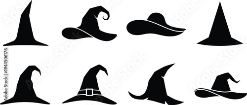 Witch hat silhouettes, Halloween witch hats, fantasy wizard hats, magical costume accessories, spooky black hat icons, curled brim designs