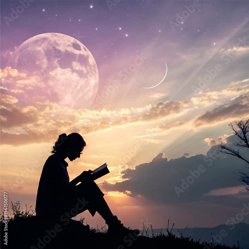 A silhouette of a man with a sword, a girl with a backpack, and a girl with a dog stands against a sunset sky during a peaceful summer evening in nature