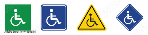 Universal wheelchair symbol icons in various geometric shapes including square, triangle, and diamond. Colorful green, blue, and yellow signs for accessibility and hazard warning.