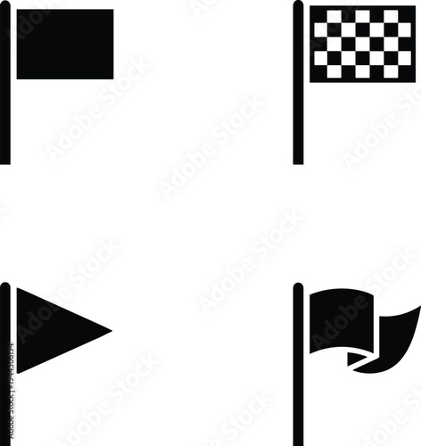 Flag icon silhouettes, racing checkered flag, triangular pennant design, waving motion symbol, black flag illustration, signal banner graphic collection