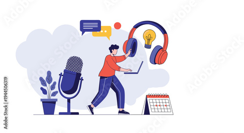 Content creator recording a podcast using a laptop and a professional microphone in a creative workspace illustration.