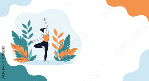 Woman practicing the yoga tree pose in a peaceful setting with large colorful tropical leaves for mental well-being.