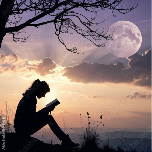Silhouette of a woman photographer with a camera at sunset capturing a landscape of freedom under a nature sky during dusk