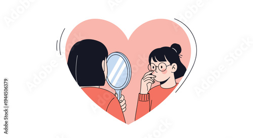 Young girl looking at her reflection in a hand mirror with a large heart background for self-acceptance and love.