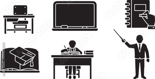 Office icons and workspace silhouettes for business presentations