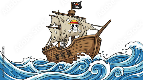A cartoon pirate ship with tattered sails navigates through rough, blue ocean waves under a white sky.