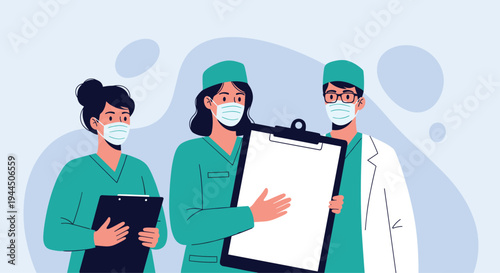 Team of diverse medical professionals wearing masks and scrubs while holding a blank clipboard for health information.