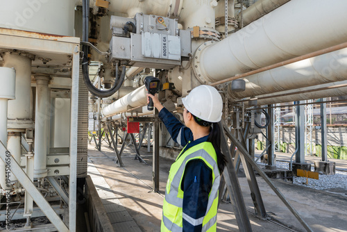 Tableau sur toile Engineer performs electrical safety inspection with a thermal camera on high voltage equipment, checking connections and surfaces to improve reliability, diagnostics, and maintenance