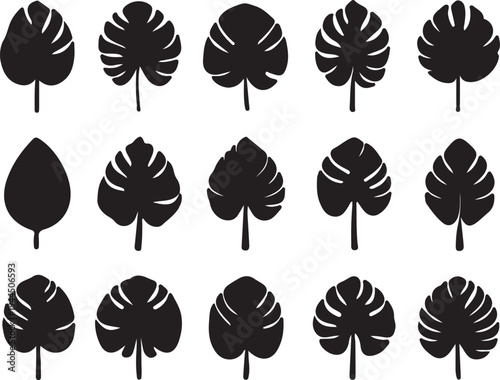 Monstera Leaf Silhouette Set, Tropical Jungle Leaves Collection, Minimal Black Botanical Icons Isolated on Light Background, Modern Nature Design Elements for Logo