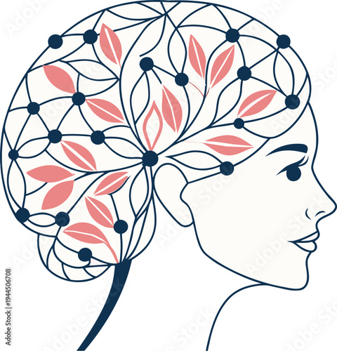 Woman head side view with leafy floral hair design and geometric pattern