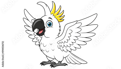 A cartoon cockatoo with yellow crest and white wings illustration