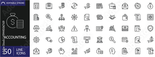 Accounting icons set. Includes symbols of bookkeeping, financial reports, calculators, invoices, taxes, and balance sheets. Editable stroke. Vector illustration. Outline icons. Perfect for business. 