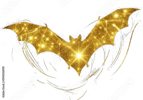 Golden bat silhouette with glowing light effects isolated on transparent background