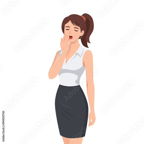 Sleepy Businesswoman Yawning Showing Fatigue and Lack of Energy. Flat vector illustration isolated on white background