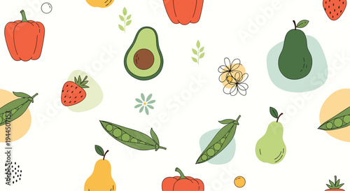 Healthy organic vegetable and fruit pattern including avocado pear pea pods bell pepper and strawberry on a clean white background.