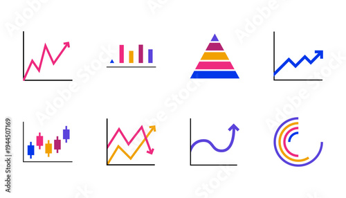 Business graphs icons depicting charts, analytics, statistics, growth trends, financial reports, dashboards, data visualization, performance, strategy, monitoring, and insights.
