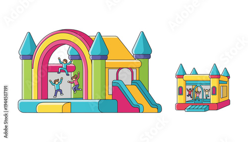 Inflatable bouncy castle illustration with kids playing inside colorful bounce house