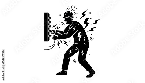 Electrician worker getting shocked by electricity while fixing a panel