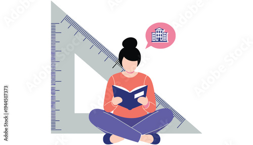 A woman sitting with a book and thinking about architecture