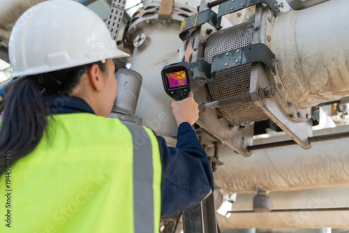 Fotografie Engineer inspects high voltage gas insulated equipment with a thermal camera in an energy infrastructure facility, supporting safety, reliability, diagnostics, and maintenance