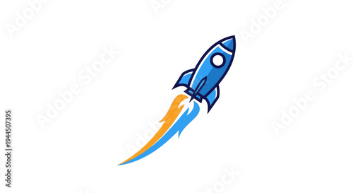 Blue Cartoon Rocket Launching with Fire Trail, Symbolizing Startup Success, Innovation, and Rapid Progress
