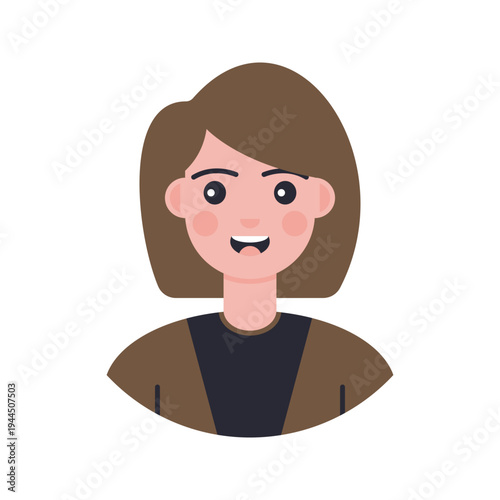 Female Avatar Brown Hair Flat design style, smiling woman with medium brown hair representing a friendly female profile character, ideal for profile icons, digital identity graphics, and user interfac