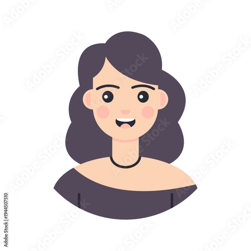 Female Avatar Curly Hair Flat design style, smiling woman with curly hair representing a friendly female profile character, ideal for user avatars, community icons, and profile graphics.
