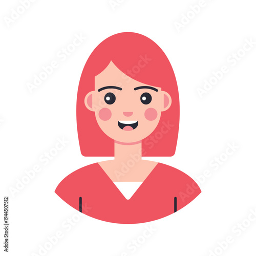 Female Avatar Pink Hair Flat design style, smiling woman with pink hair representing a modern female profile character, ideal for profile icons, digital avatars, and creative user interface designs.